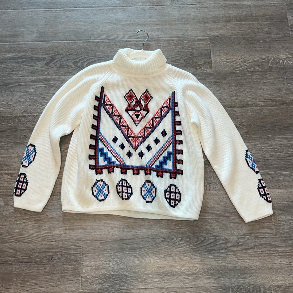 Vintage ivory western southwestern tribal Aztec design turtleneck sweater medium